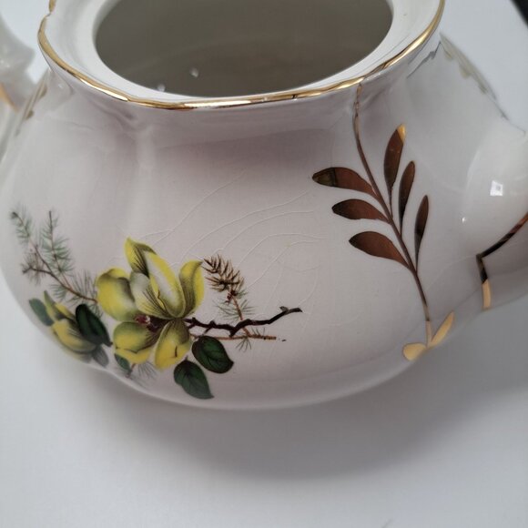 Ellgreave Wood & Sons England Yellow Floral Gold Accented Teapot Ironstone - Picture 8 of 13